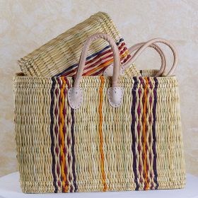 Wicker basket with short leather handles