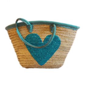 Palm basket with leather handles, : glitter heart