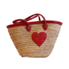 Palm basket with leather handles, : red glitter heart